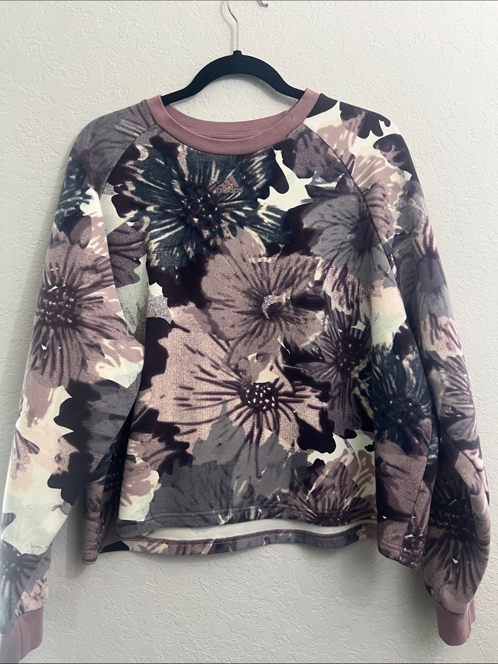Adidas Allover Floral Print Cropped Pullover Sweatshirt Mauve Purple Women's XL